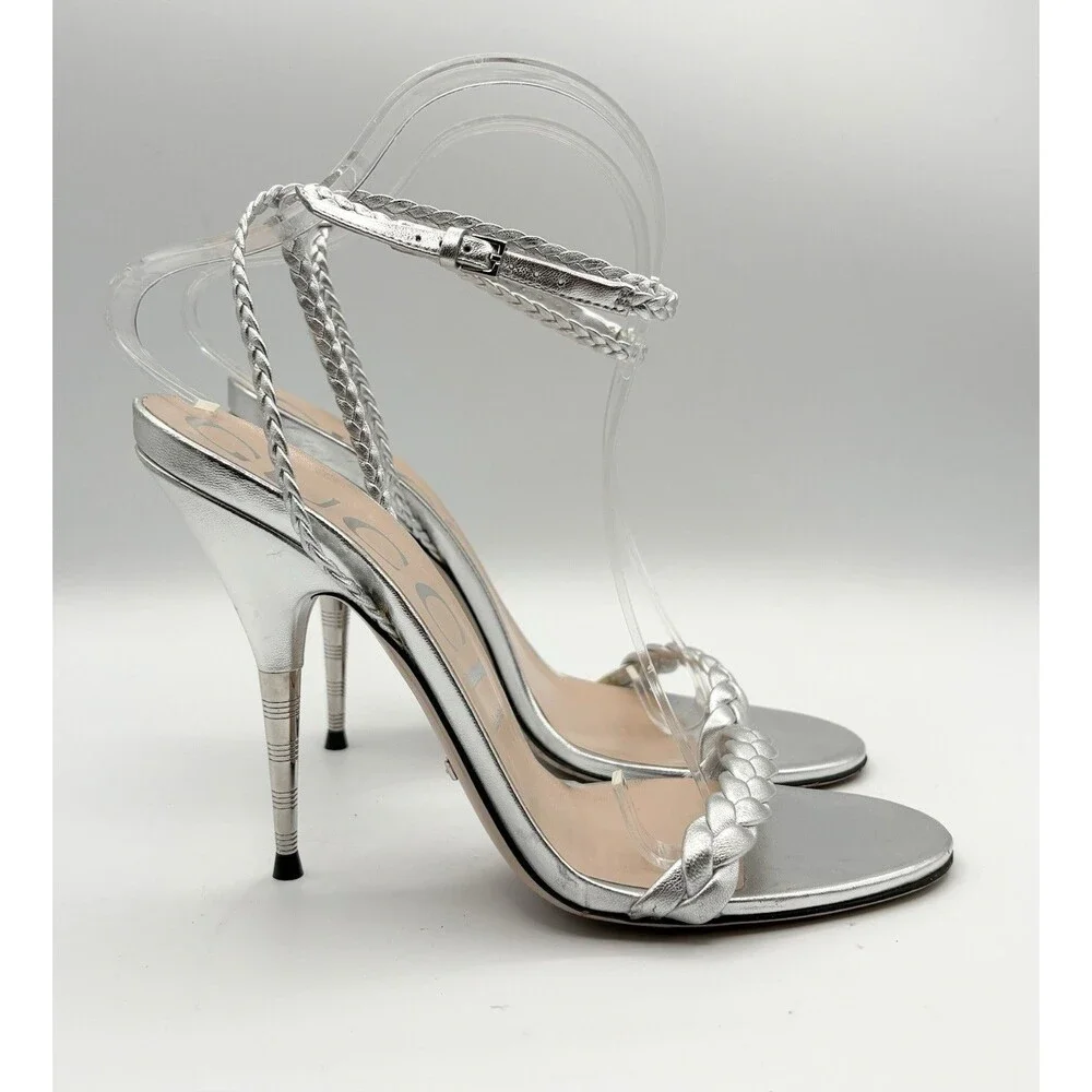 Gucci Silver Braided Strap Nappa Leather Stiletto Heels Sandals SZ EU 39 - Picture 4 of 15